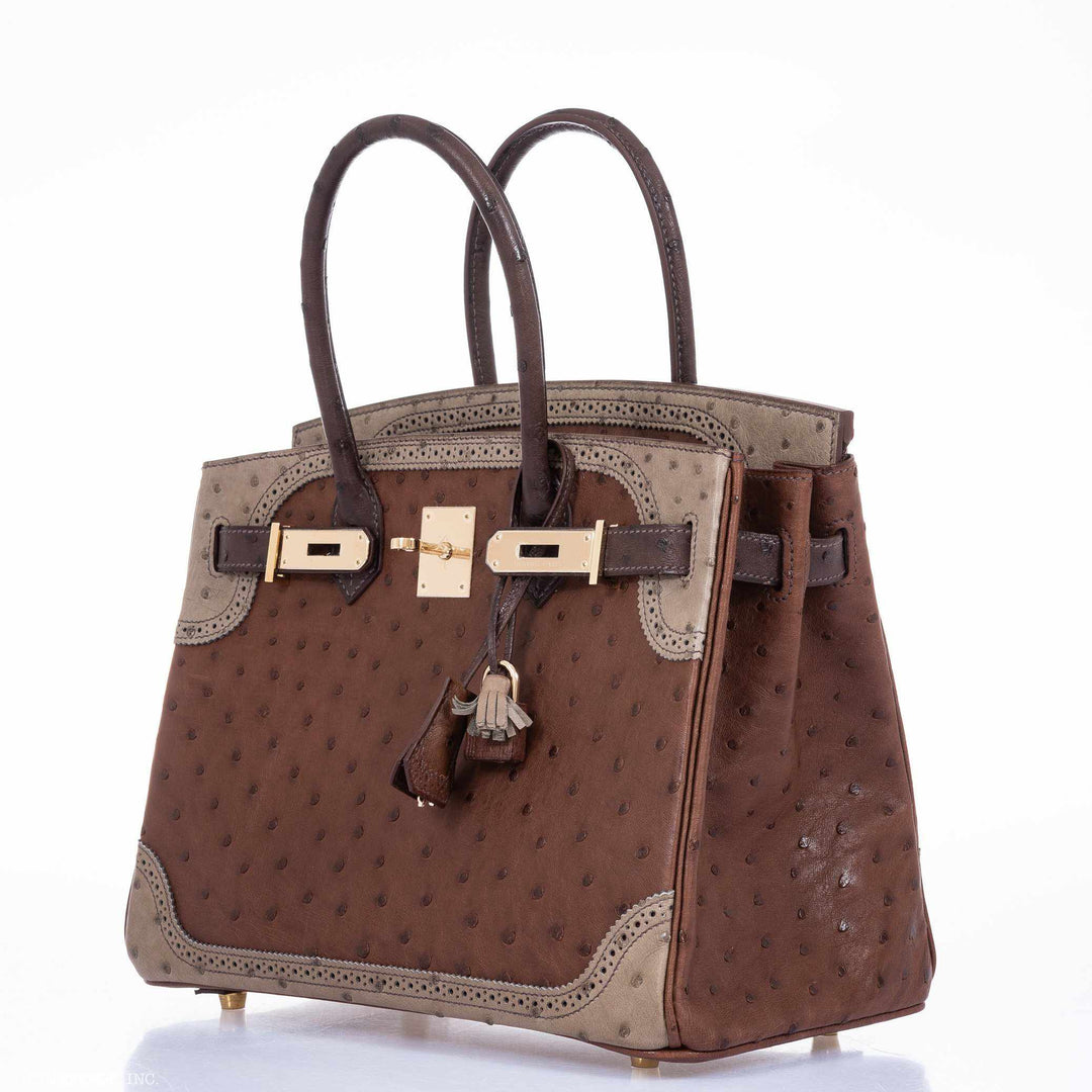 Top quality Hermes Birkin 30 Ghillies Marron Fonce, Etrusque, Mousse Ostrich Champagne Gold Hardware