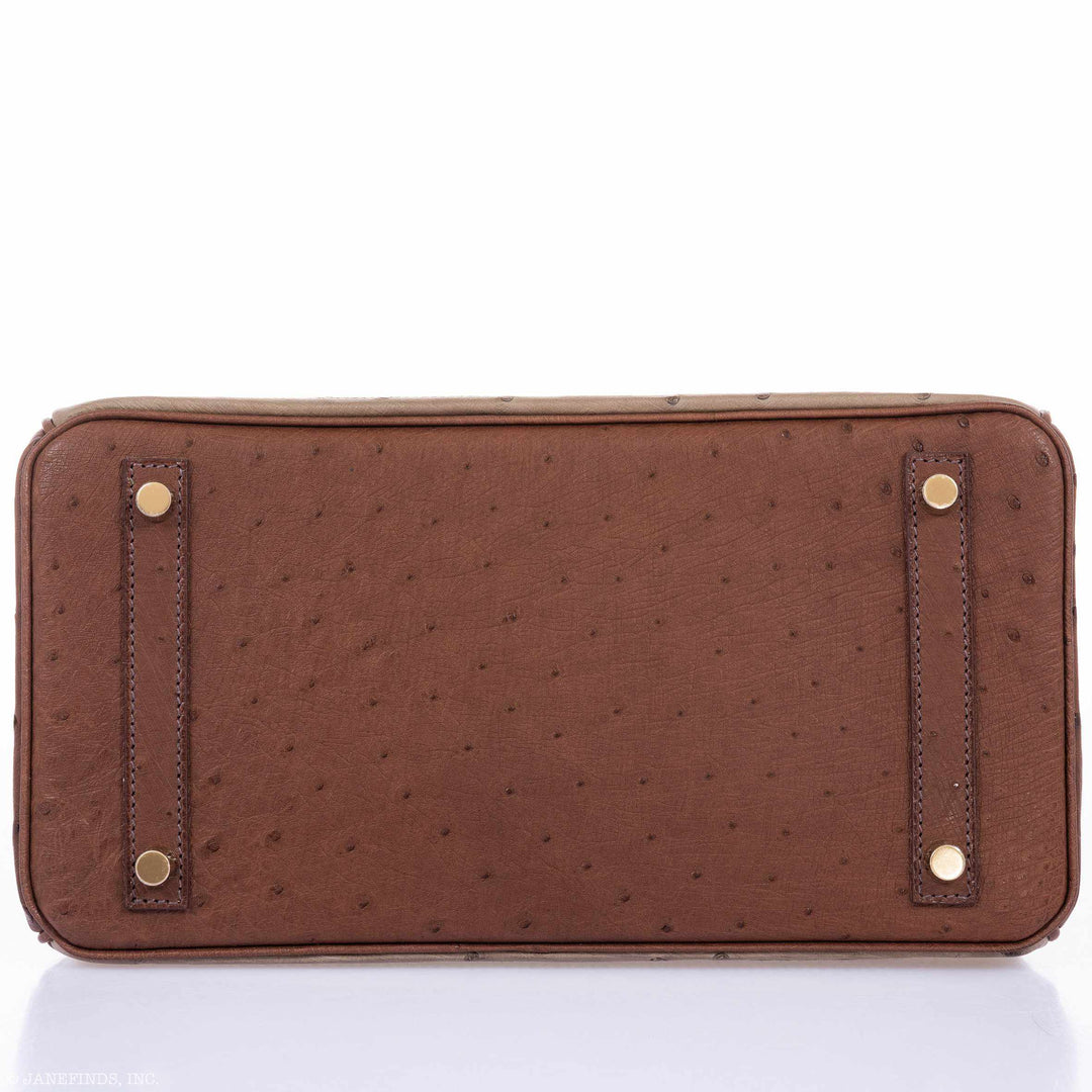 Top quality Hermes Birkin 30 Ghillies Marron Fonce, Etrusque, Mousse Ostrich Champagne Gold Hardware