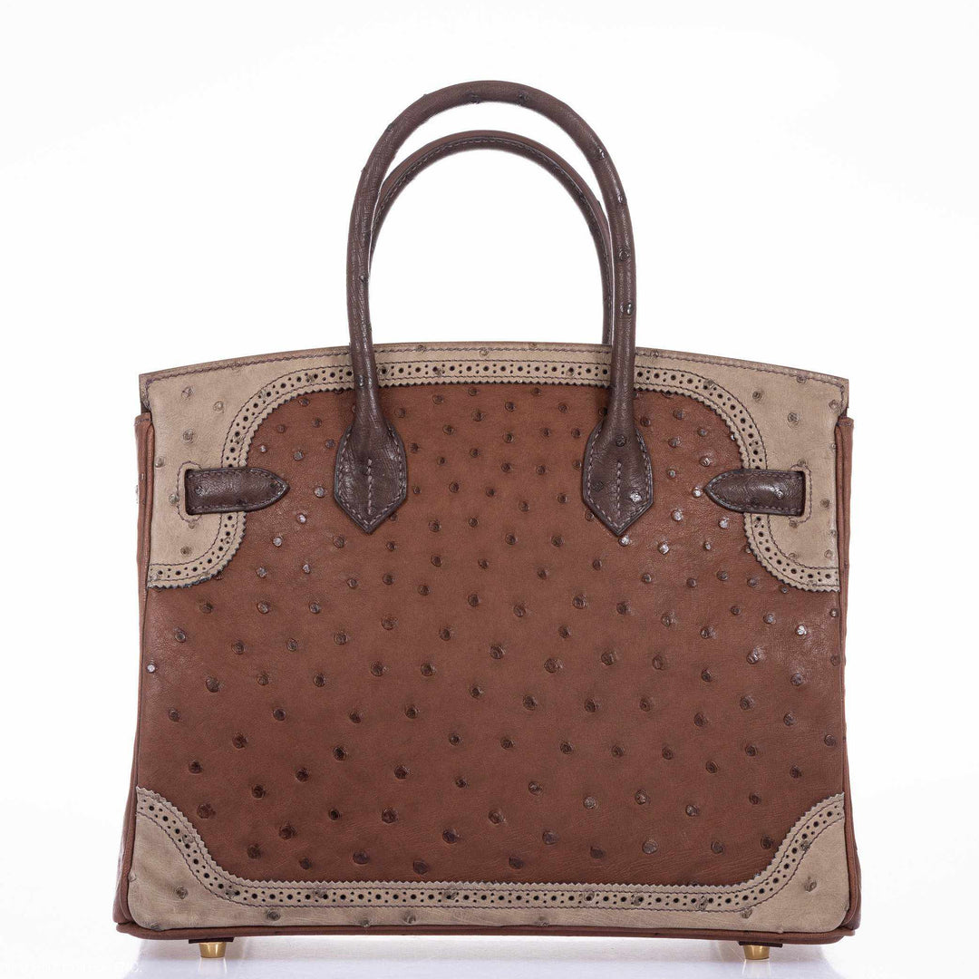 Top quality Hermes Birkin 30 Ghillies Marron Fonce, Etrusque, Mousse Ostrich Champagne Gold Hardware