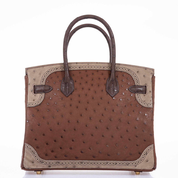 Top quality Hermes Birkin 30 Ghillies Marron Fonce, Etrusque, Mousse Ostrich Champagne Gold Hardware