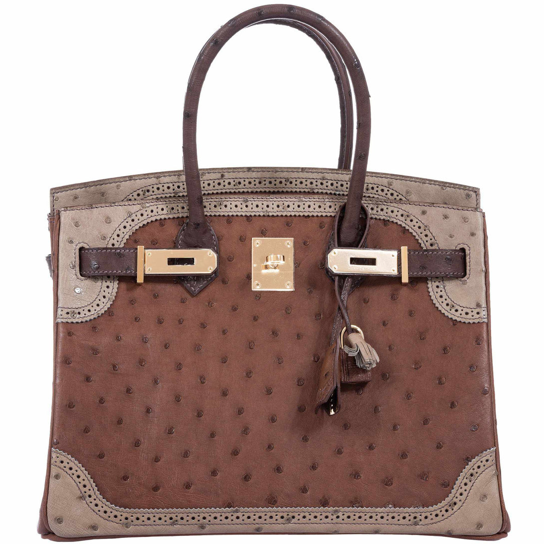 Hermes Birkin 30 Ghillies Marron Fonce, Etrusque, Mousse Ostrich Champagne Gold Hardware