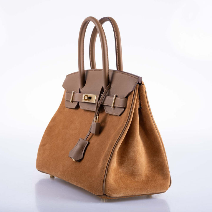 Top quality Hermes Birkin 30 Grizzly Chamois Veau Doblis Suede and Alezan Swift with Gold Hardware