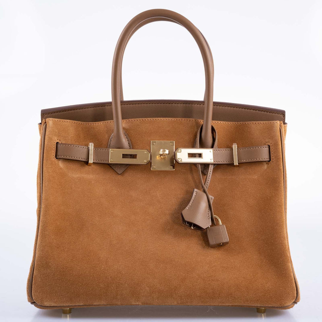 Top quality Hermes Birkin 30 Grizzly Chamois Veau Doblis Suede and Alezan Swift with Gold Hardware