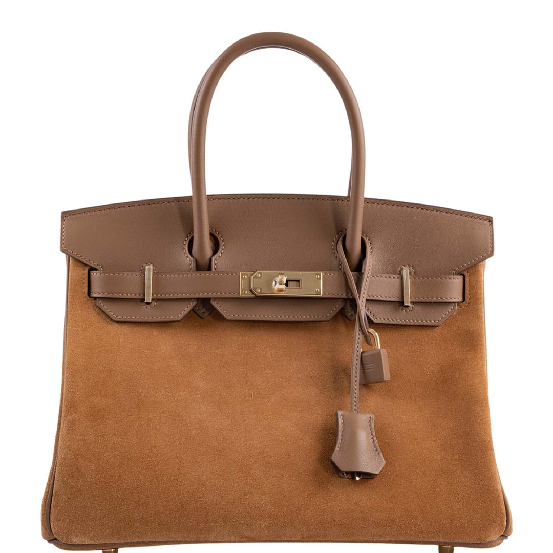 Hermes Birkin 30 Grizzly Chamois Veau Doblis Suede and Alezan Swift with Gold Hardware