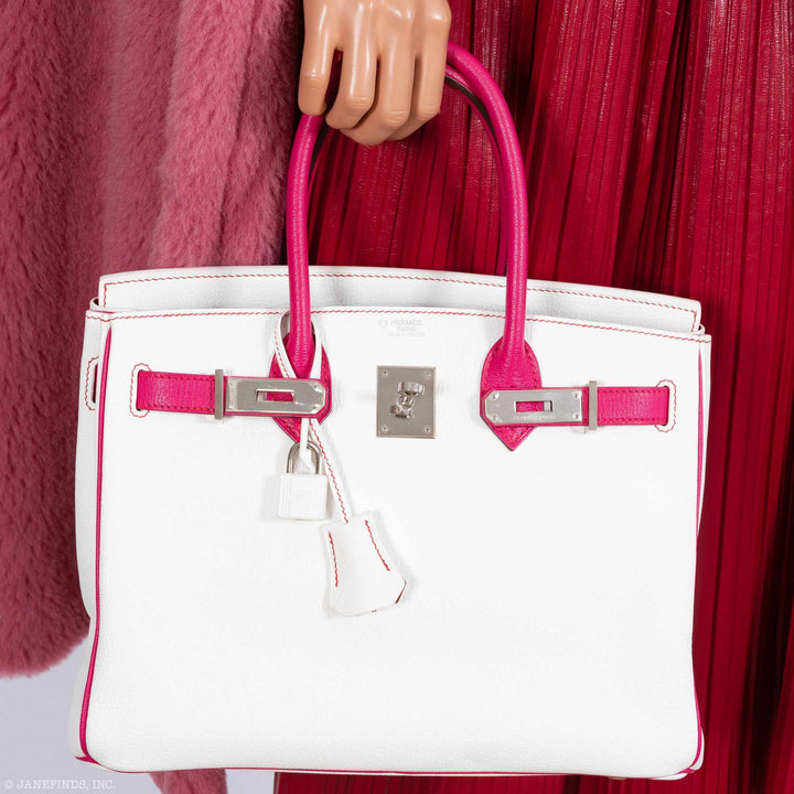 Hermes Birkin 30 HSS Bi-Color White & Fuchsia Chevre Palladium Hardware