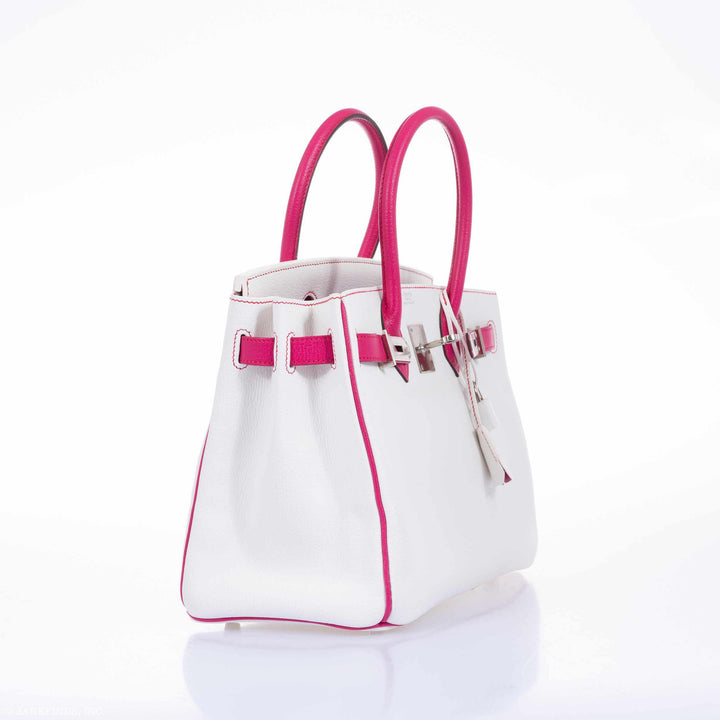 Hermes Birkin 30 HSS Bi-Color White & Fuchsia Chevre Palladium Hardware