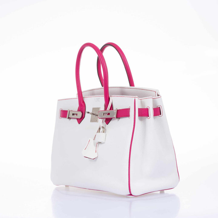 Hermes Birkin 30 HSS Bi-Color White & Fuchsia Chevre Palladium Hardware