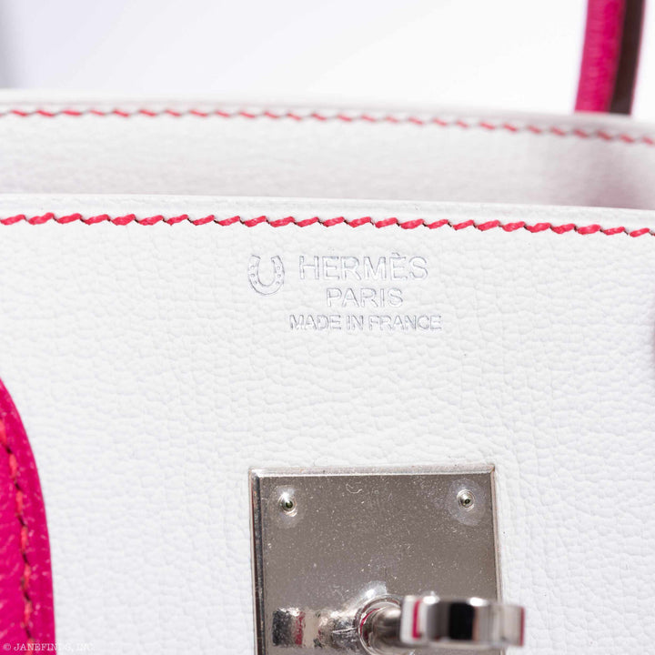 Premium Handmade Hermes Birkin 30 HSS Bi-Color White & Fuchsia Chevre Palladium Hardware