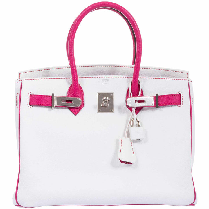 Hermes Birkin 30 HSS Bi-Color White & Fuchsia Chevre Palladium Hardware