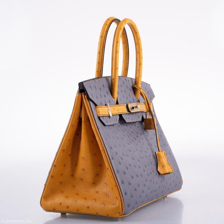 Top quality Hermes Birkin 30 HSS Gris Agate & Saffron Ostrich Gold Hardware - 2020, Y