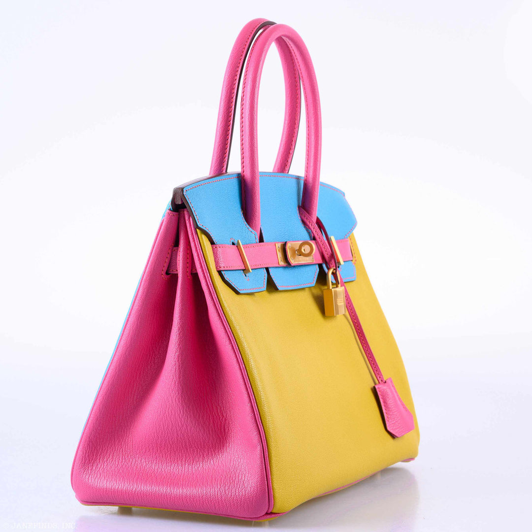 Hermes Birkin 30 HSS Rose Lipstick, Blue Aztec & Cumin Chevre Leather Brushed Gold Hardware - 2014, R Squared