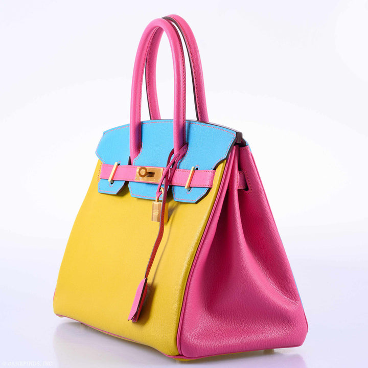 Hermes Birkin 30 HSS Rose Lipstick, Blue Aztec & Cumin Chevre Leather Brushed Gold Hardware - 2014, R Squared