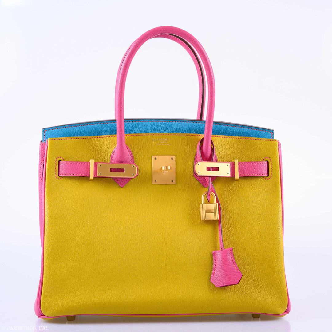 Hermes Birkin 30 HSS Rose Lipstick, Blue Aztec & Cumin Chevre Leather Brushed Gold Hardware - 2014, R Squared