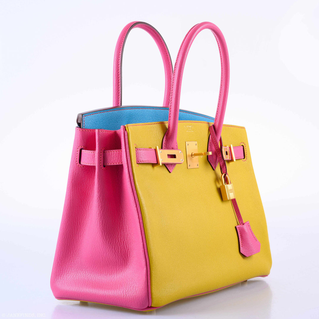 Hermes Birkin 30 HSS Rose Lipstick, Blue Aztec & Cumin Chevre Leather Brushed Gold Hardware - 2014, R Squared