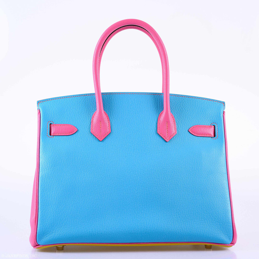 Hermes Birkin 30 HSS Rose Lipstick, Blue Aztec & Cumin Chevre Leather Brushed Gold Hardware - 2014, R Squared