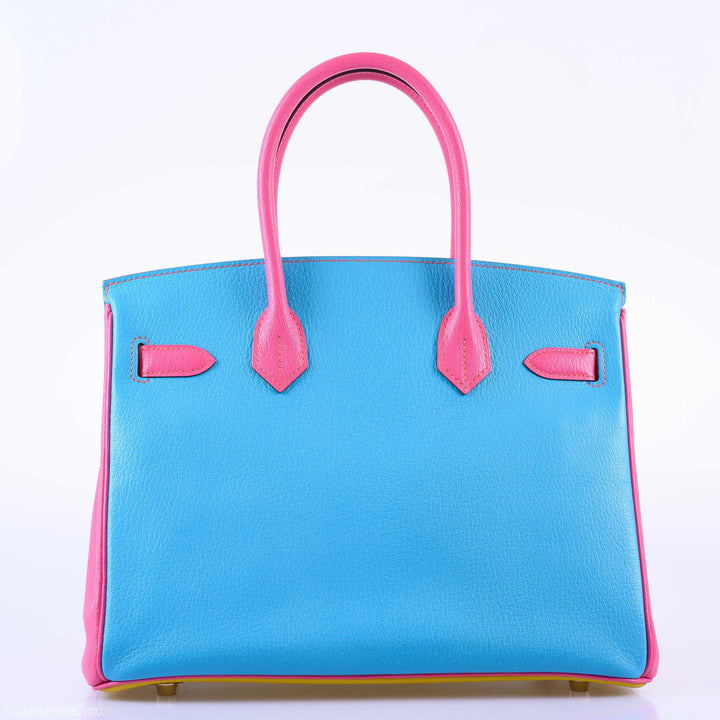 Hermes Birkin 30 HSS Rose Lipstick, Blue Aztec & Cumin Chevre Leather Brushed Gold Hardware - 2014, R Squared