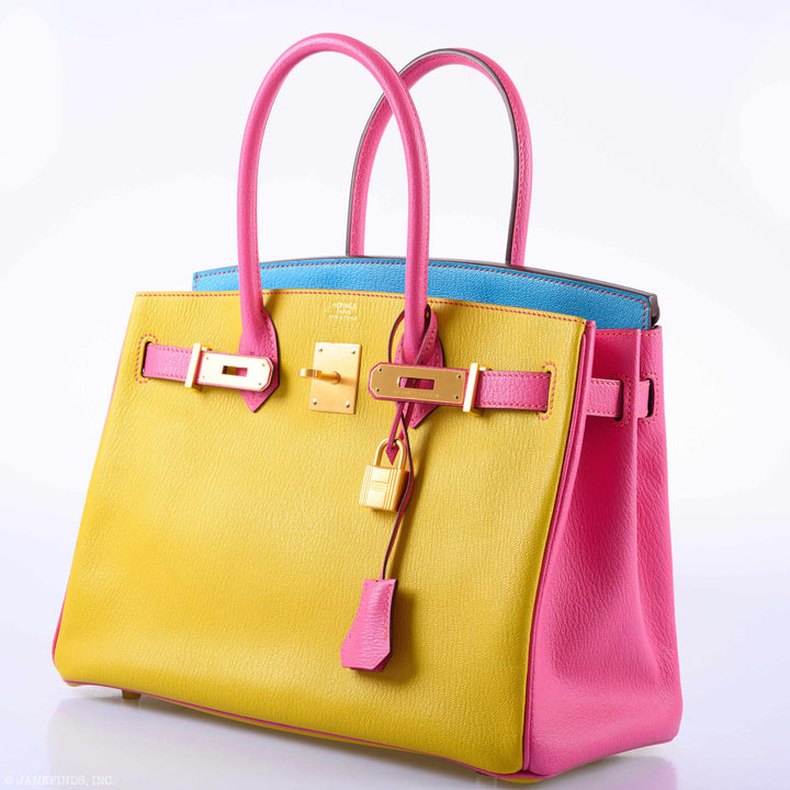 Hermes Birkin 30 HSS Rose Lipstick, Blue Aztec & Cumin Chevre Leather Brushed Gold Hardware - 2014, R Squared
