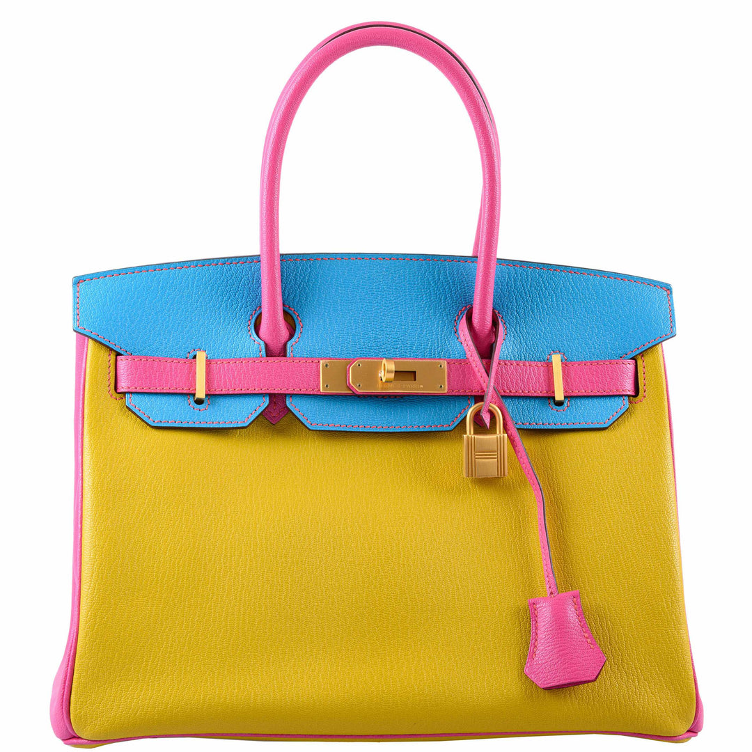 Hermes Birkin 30 HSS Rose Lipstick, Blue Aztec & Cumin Chevre Leather Brushed Gold Hardware - 2014, R Squared