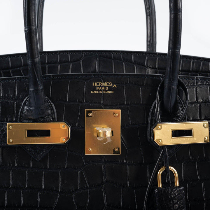 Hermes Birkin 30 Matte Black Porosus Crocodile Gold Hardware