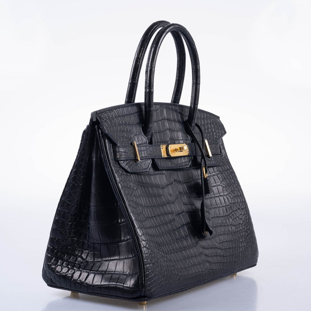 Hermes Birkin 30 Matte Black Porosus Crocodile Gold Hardware