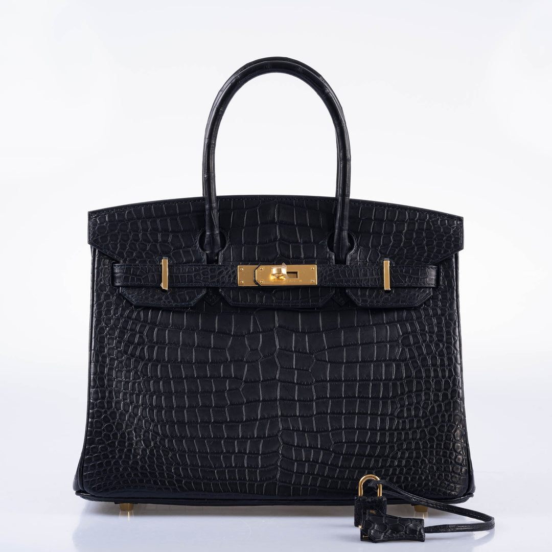 Hermes Birkin 30 Matte Black Porosus Crocodile Gold Hardware