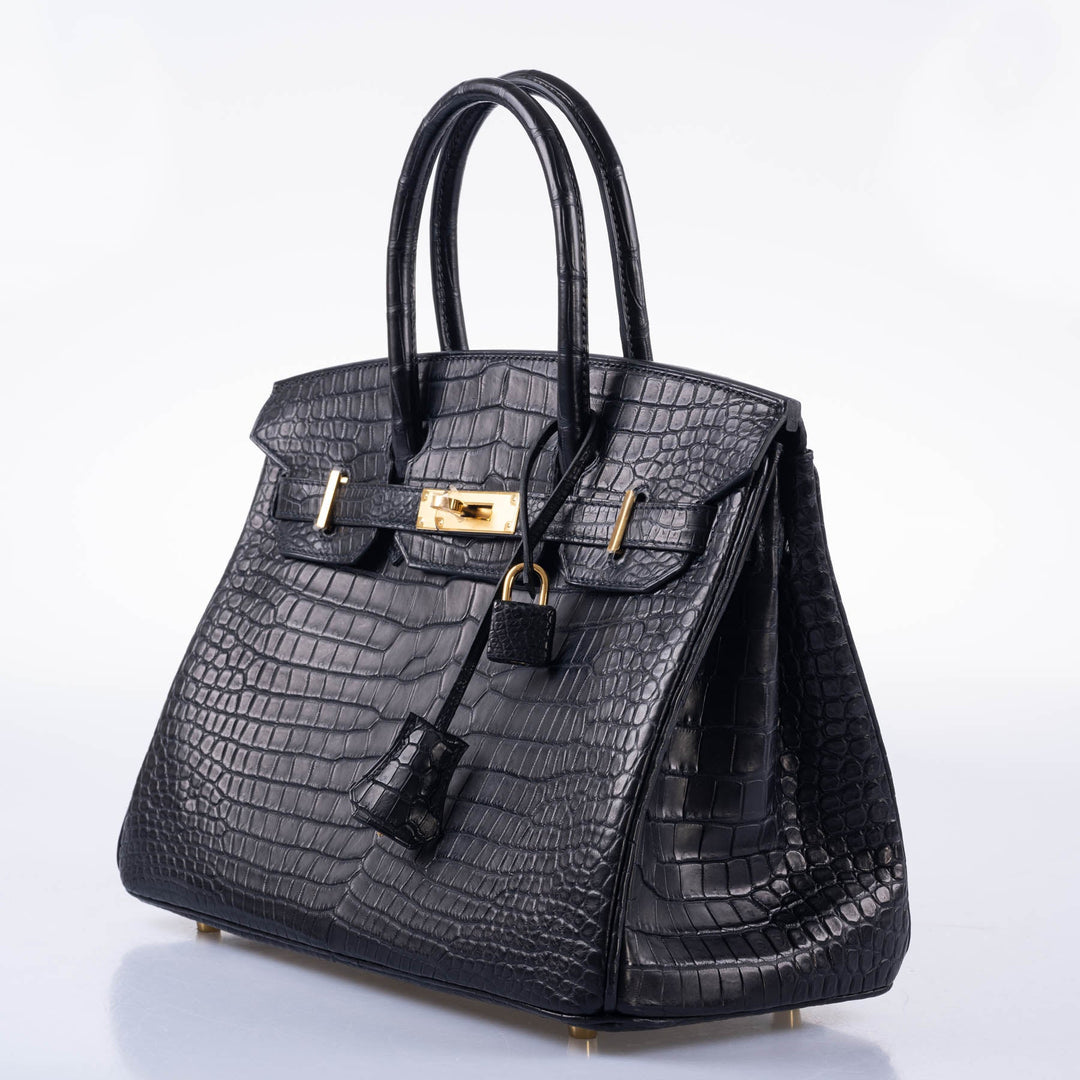 Hermes Birkin 30 Matte Black Porosus Crocodile Gold Hardware