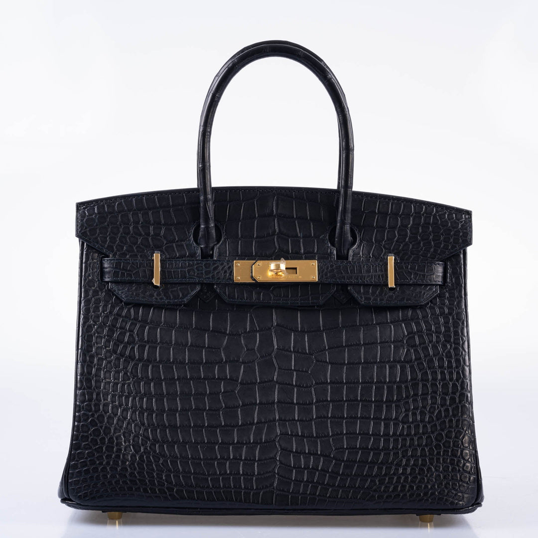 Hermes Birkin 30 Matte Black Porosus Crocodile Gold Hardware