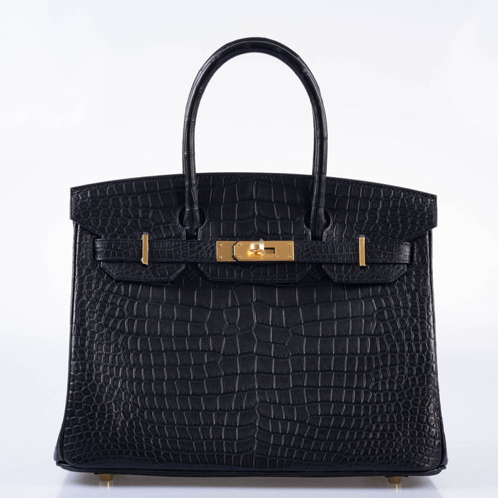 Hermes Birkin 30 Matte Black Porosus Crocodile Gold Hardware