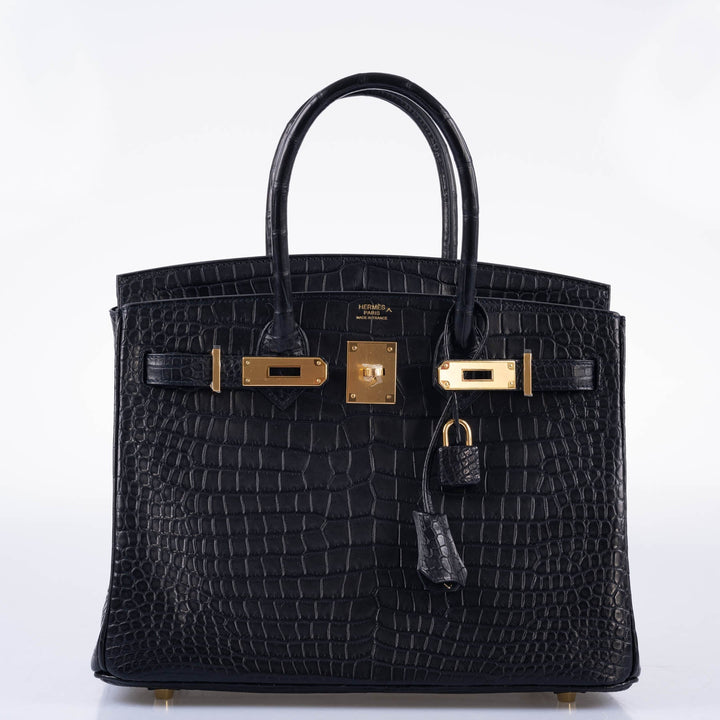 Hermes Birkin 30 Matte Black Porosus Crocodile Gold Hardware
