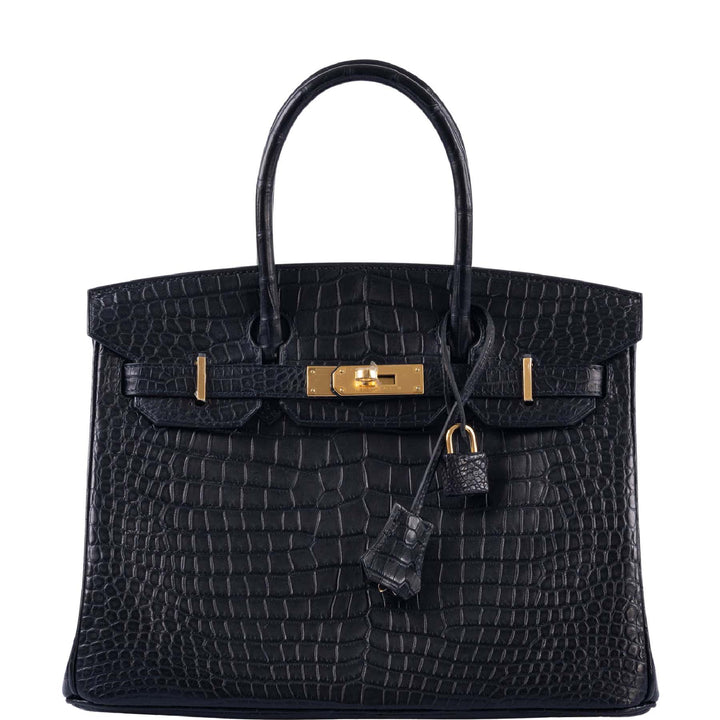Hermes Birkin 30 Matte Black Porosus Crocodile Gold Hardware