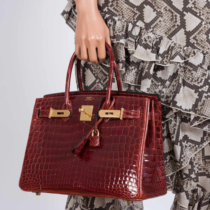 Premium Handmade Hermes Birkin 30 Rouge H Niloticus Crocodile Gold Hardware