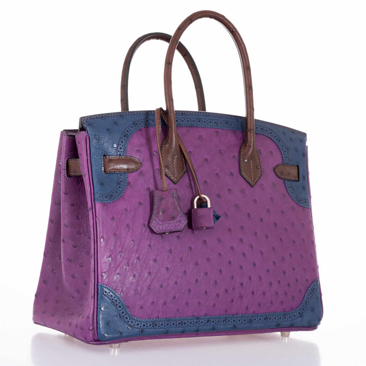 Top quality Hermes Birkin 30 Tri Color Ostrich Violine Blue De Malt And Marron Palladium Hardware
