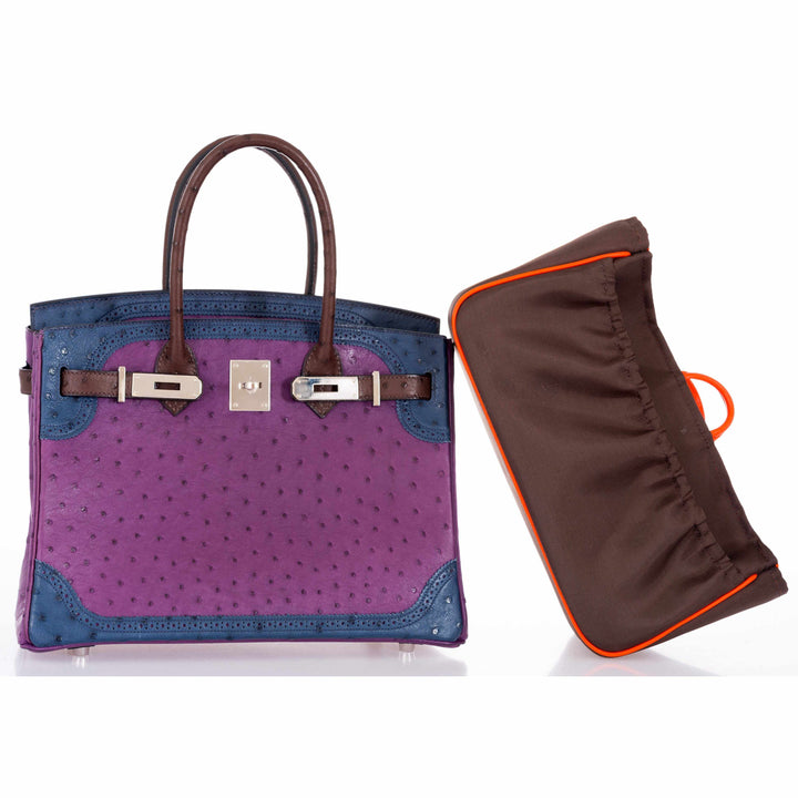 Top quality Hermes Birkin 30 Tri Color Ostrich Violine Blue De Malt And Marron Palladium Hardware