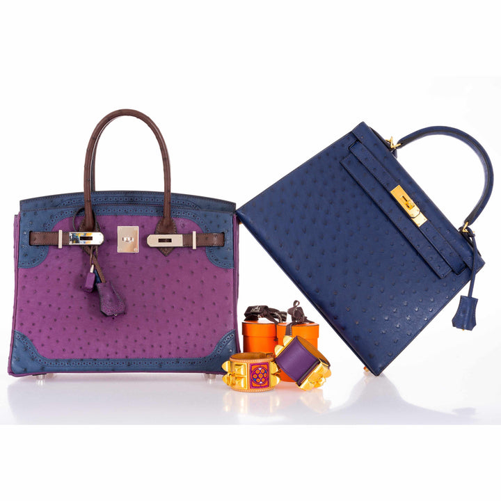 Top quality Hermes Birkin 30 Tri Color Ostrich Violine Blue De Malt And Marron Palladium Hardware