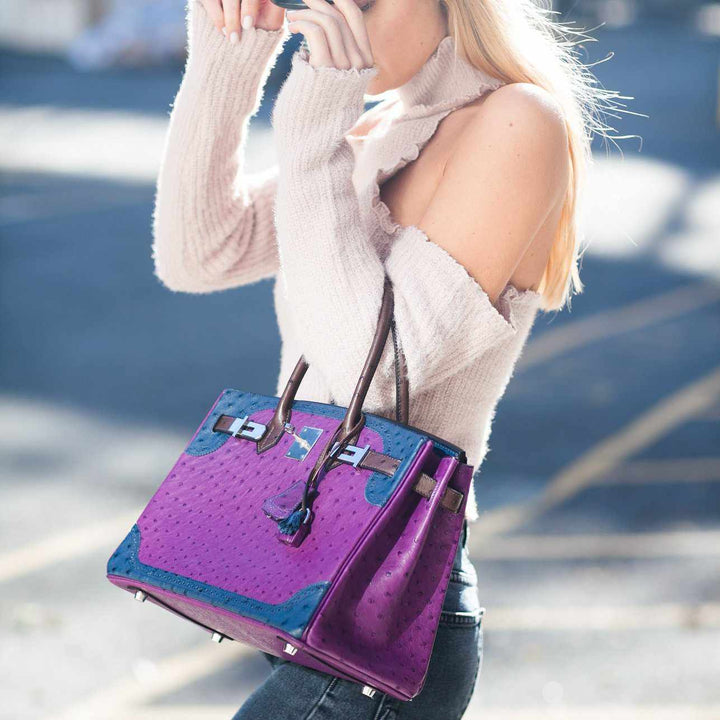 Top quality Hermes Birkin 30 Tri Color Ostrich Violine Blue De Malt And Marron Palladium Hardware