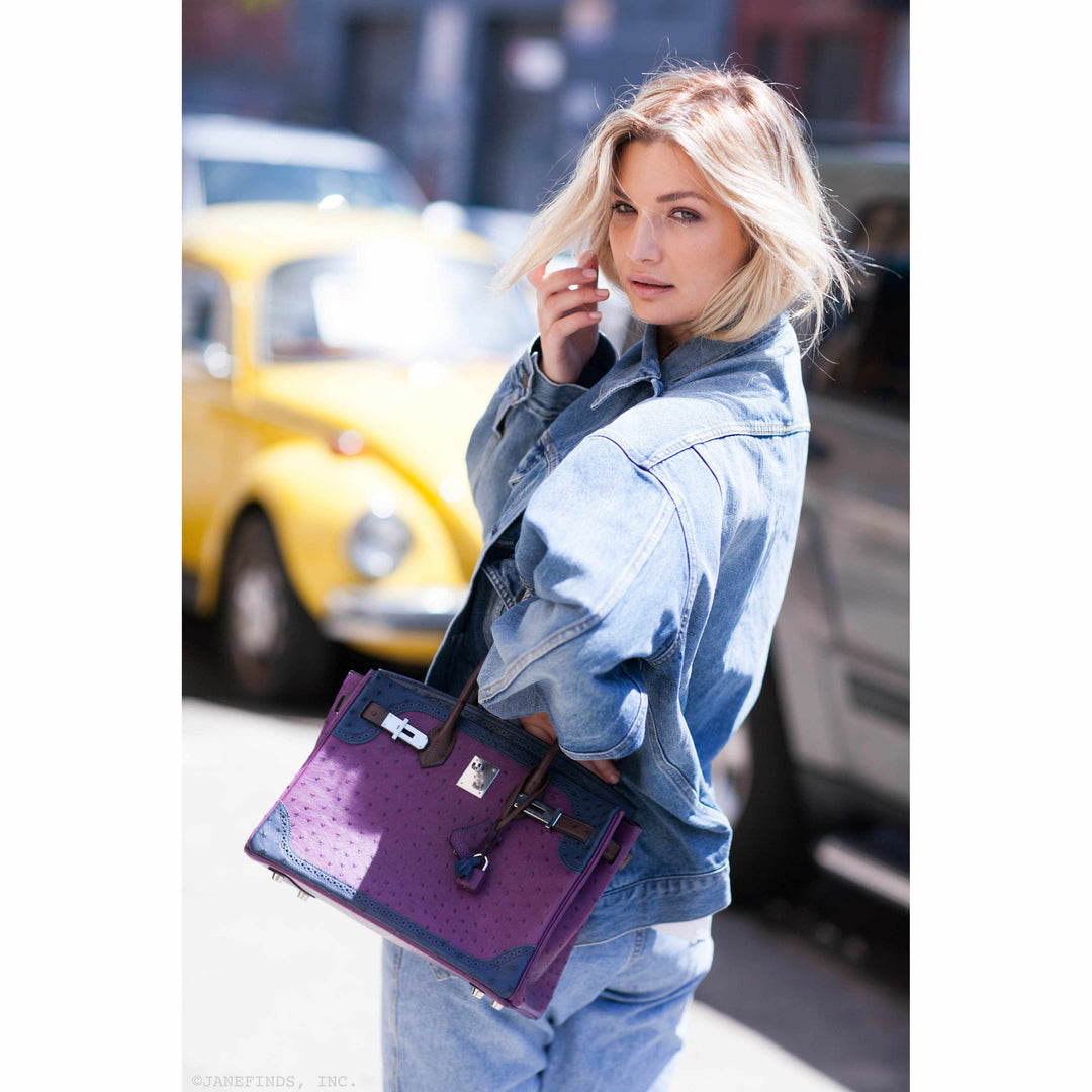Top quality Hermes Birkin 30 Tri Color Ostrich Violine Blue De Malt And Marron Palladium Hardware