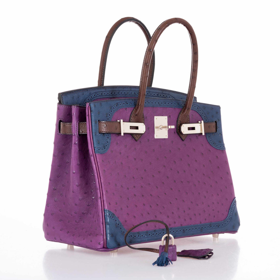 Top quality Hermes Birkin 30 Tri Color Ostrich Violine Blue De Malt And Marron Palladium Hardware