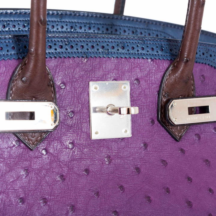 Top quality Hermes Birkin 30 Tri Color Ostrich Violine Blue De Malt And Marron Palladium Hardware