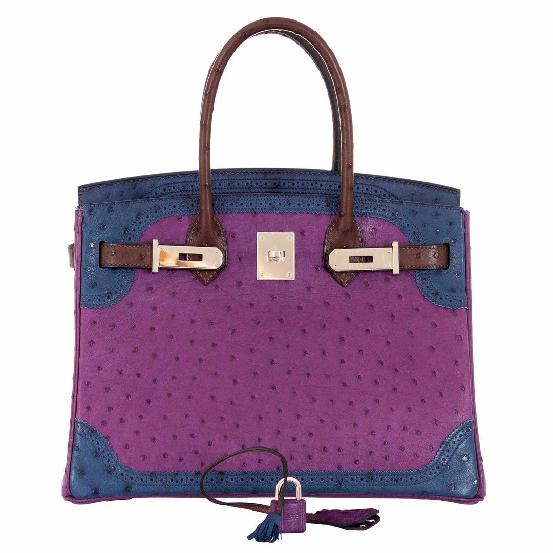 Hermes Birkin 30 Tri Color Ostrich Violine Blue De Malt And Marron Palladium Hardware