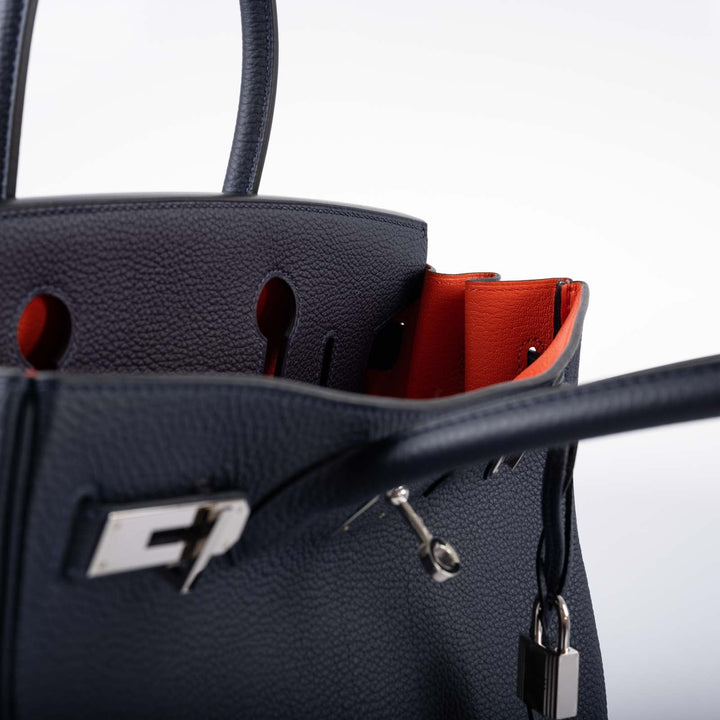 Top quality Hermes Birkin 30 Verso Blue Nuit and Orange Poppy Togo Palladium Hardware