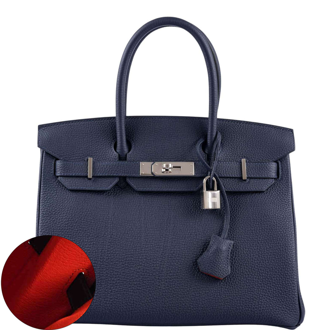 Hermes Birkin 30 Verso Blue Nuit and Orange Poppy Togo Palladium Hardware