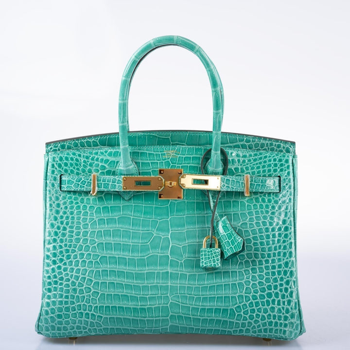 Premium Handmade Hermes Birkin 30 Vert Jade Shiny Porosus Crocodile Gold Hardware