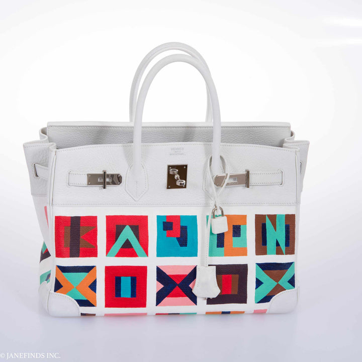 Top quality Hermes Birkin 30 White Clemence & Toile "Karen" Palladium Hardware * JaneFinds Custom Shop