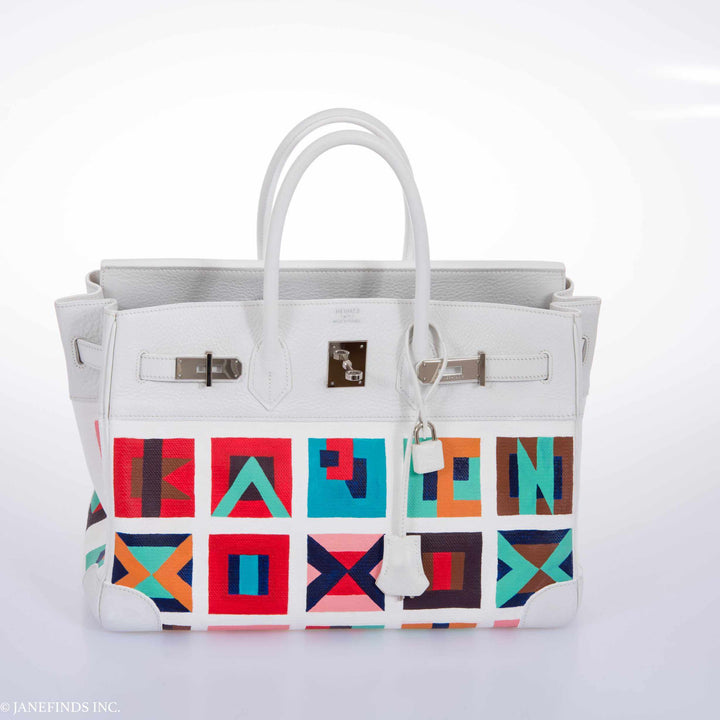 Top quality Hermes Birkin 30 White Clemence & Toile "Karen" Palladium Hardware * JaneFinds Custom Shop