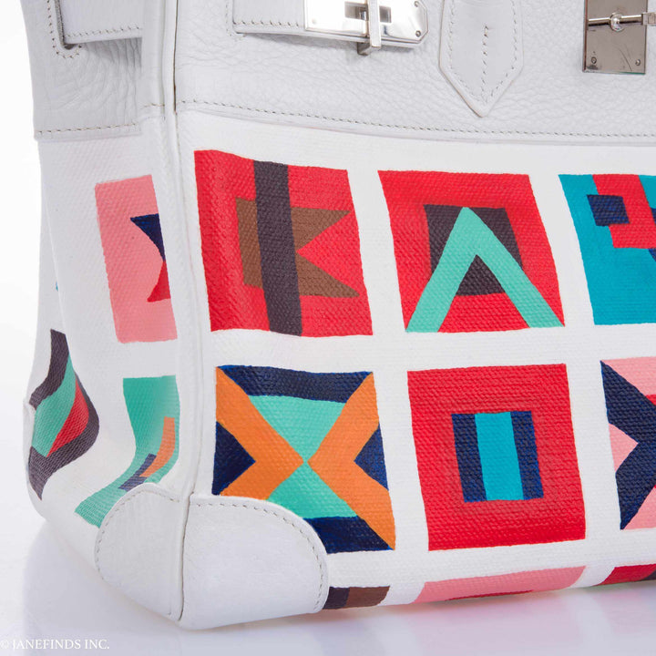 Hermes Birkin 30 White Clemence & Toile "Karen" Palladium Hardware * JaneFinds Custom Shop