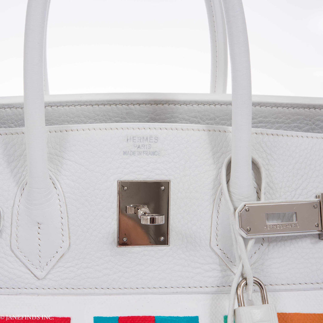 Top quality Hermes Birkin 30 White Clemence & Toile "Karen" Palladium Hardware * JaneFinds Custom Shop