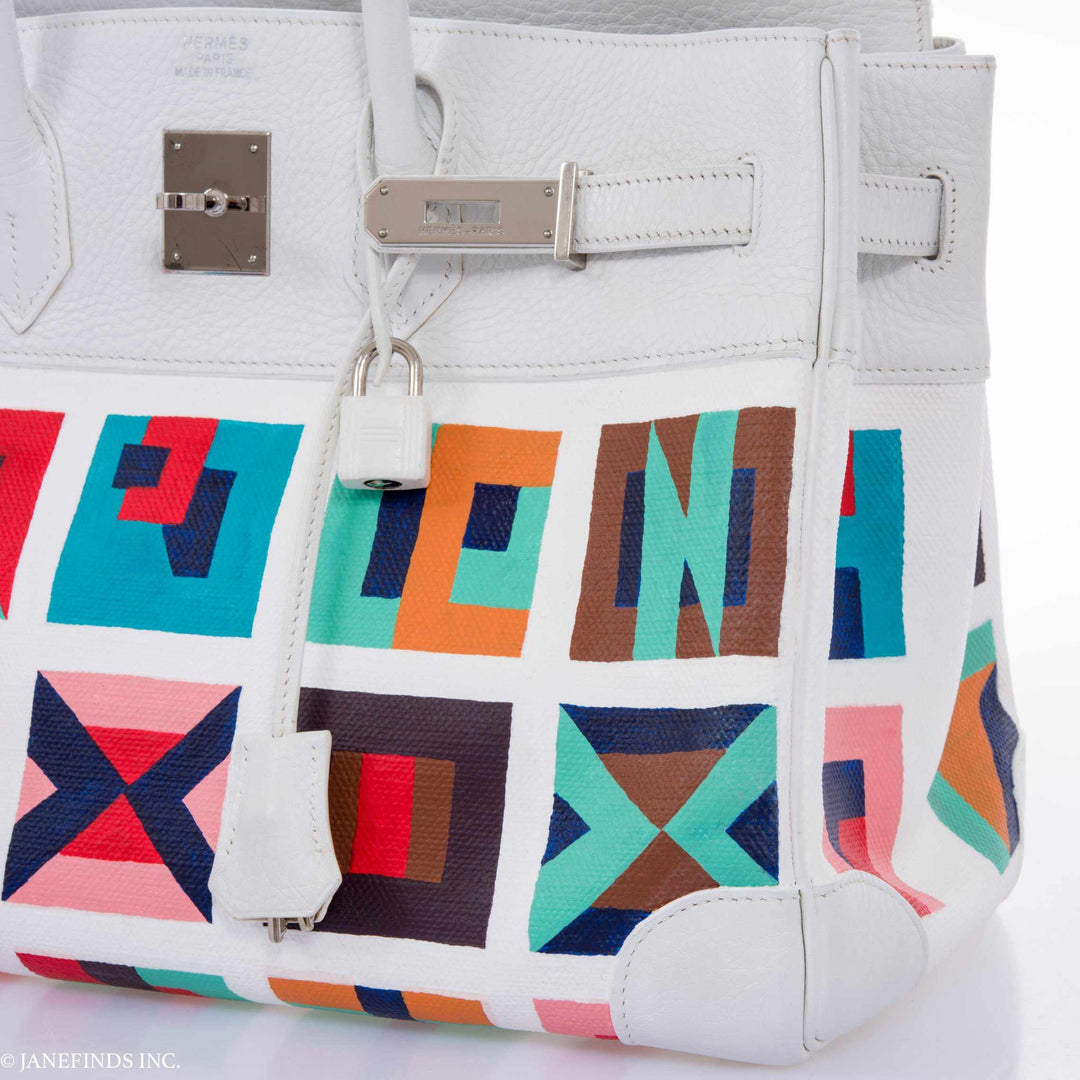 Top quality Hermes Birkin 30 White Clemence & Toile "Karen" Palladium Hardware * JaneFinds Custom Shop