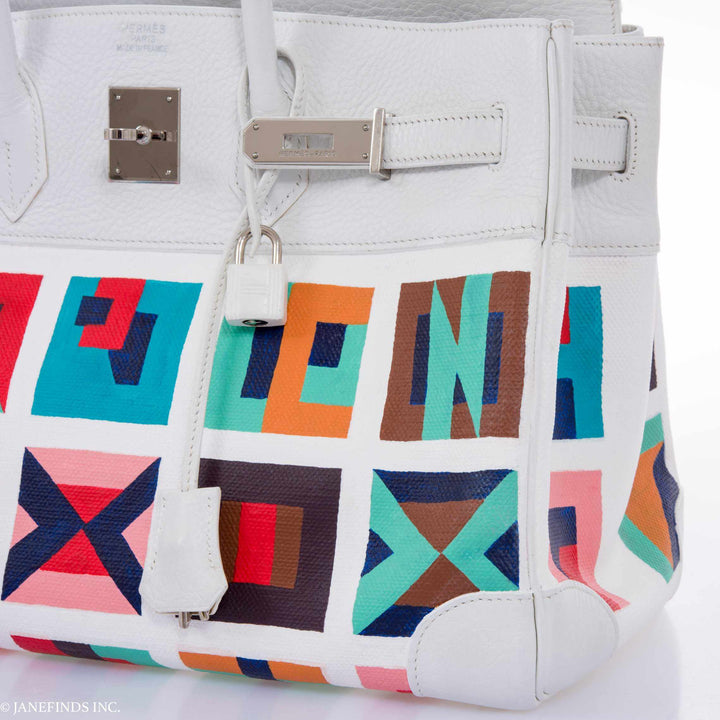 Top quality Hermes Birkin 30 White Clemence & Toile "Karen" Palladium Hardware * JaneFinds Custom Shop
