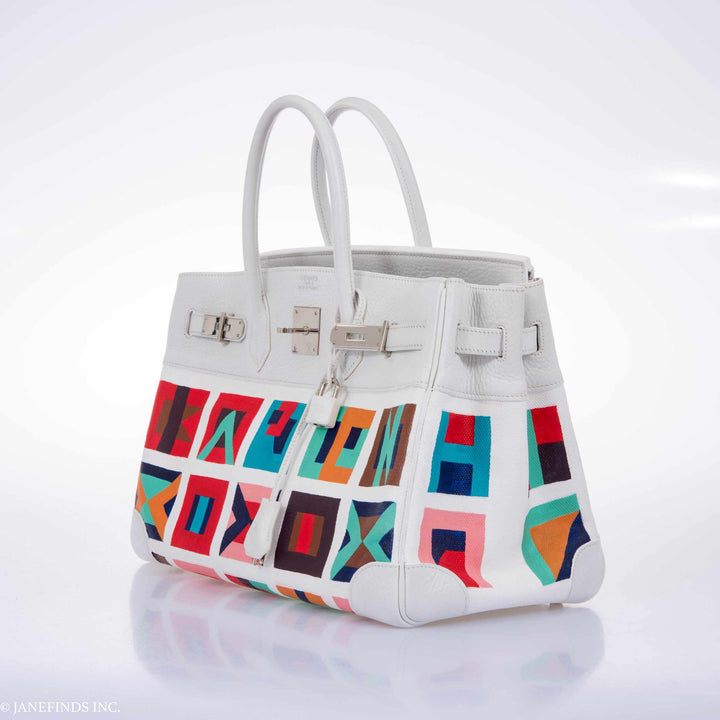 Top quality Hermes Birkin 30 White Clemence & Toile "Karen" Palladium Hardware * JaneFinds Custom Shop
