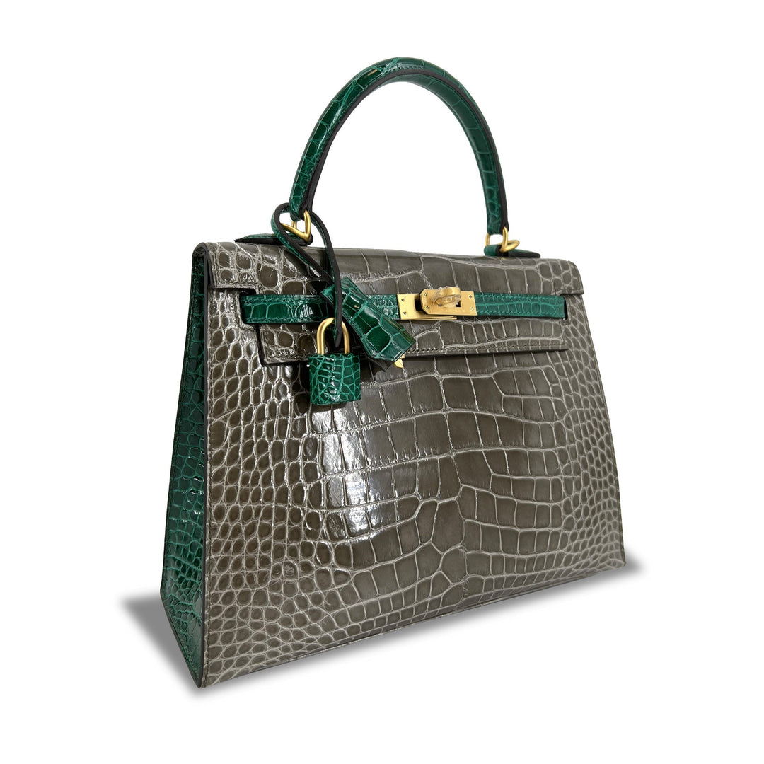Hermes Kelly designer bag Tourterelle Emerald Vert Lisse K25 GHW